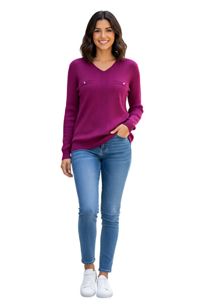 KADO Nervür Detaylı V Yaka Uzun Kollu Cep Aksesuarlı Spor Kazak