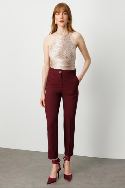 Moda İlgi Modailgi Yandan Cepli Yüksek Bel Bilek Boy Klasik Pantolon - 70031 Bordo