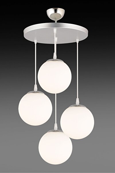 VENON Botanik 4 LÜ Sarkıt Avize Tepsi SİLVER Beyaz Glop Camlı Lüks Avize Salon Avizesi Yemek Masası Üstü