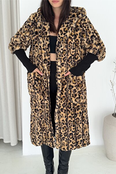 FEMELLE Leopard Print Snap Button Knitwear Detailed Hooded Premium Long Fur Coat with Lining