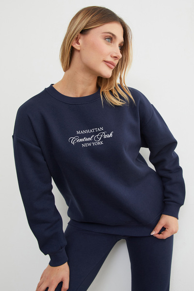 Fulla Moda 3 İplik Manhattan Baskılı Bisiklet Yaka Sweatshirt