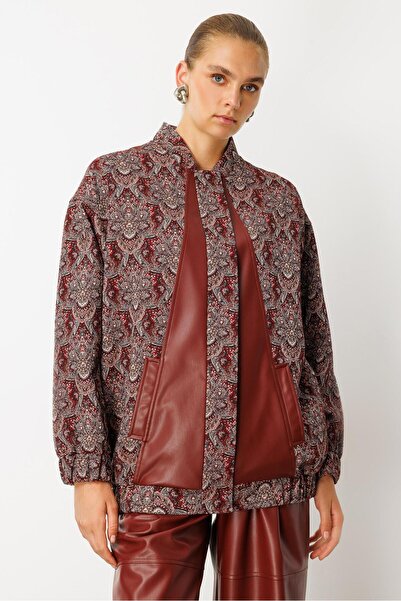 Moda İlgi Modailgi Deri Garni Detaylı Oversize Astarlı Jakar Kumaştan Bomber Ceket Bordo