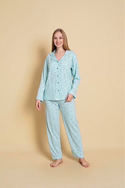 Ercan KADIN BOYDAN DÜĞMELİ KÜÇÜK YILDIZ DETAYLI PİJAMA TAKIM