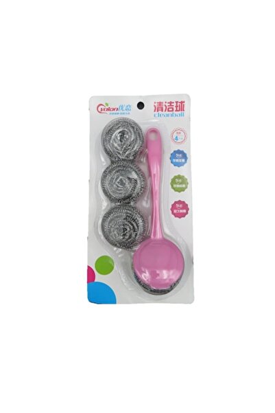 ABS Σετ βούρτσες με λαβή, 4 σφουγγάρια από ανοξείδωτο ατσάλι, ροζ