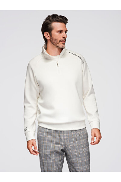 OMBRE Pánská mikina s vysokým límcem na odepnutí a kontrastním potiskem - ecru V2 OM-SSZP-0211