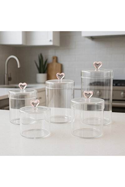 Kitchen Line 5 Lİ HEARTS KALP DETAYLI KAVANOZ ŞEKERLİK DRAJE 450ML 600ML 750ML 950 ML 1150ML