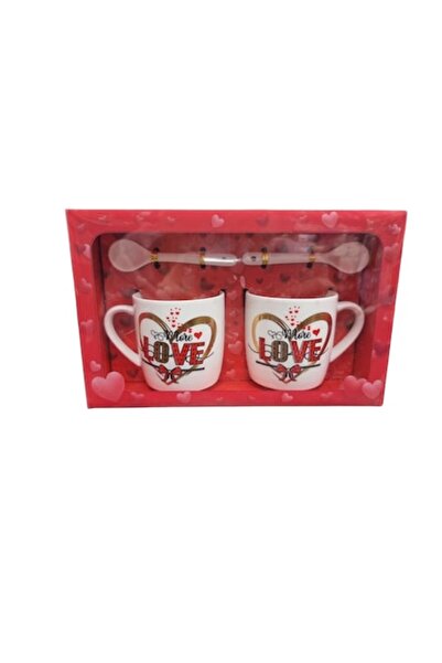 ABS Set 2 căni ceramice cu 2 lingurițe, model Love, 200 ml