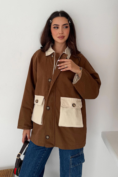 AsprinFashion Jachetă din gabardină de ploaie cu buzunar cu burduf, maro
