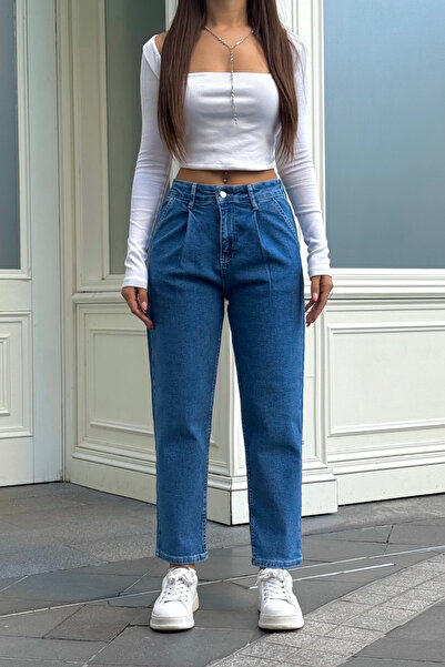 BİKELİFE Kadın Yüksek Bel Likralı Pileli Esnek Mom Pantolon