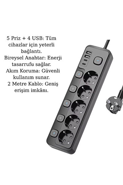 SMAYLİNG 5 Priz + 4 USB (2 Type-C) Akım Korumalı Anahtarlı Uzatma Kablosu – 2 Metre