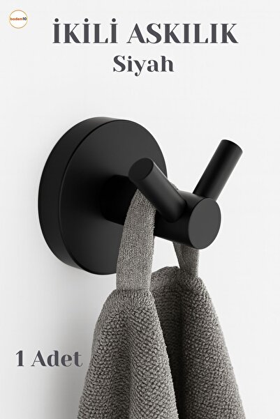 Badem10 Siyah İkili Askılık Vidalı Paslanmaz Metal Duvar Askısı Banyo ve Mutf...