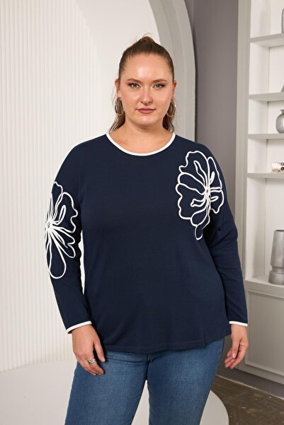 RMG Striped Floral Patterned Plus Size Blouse Navy Blue
