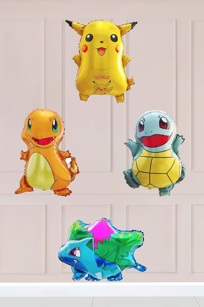 Atölye Mi 4lü Pokemon Folyo Balon Paketi - Charmander Squirtle Pikachu Bulbasaur Balon Paketi 4lü