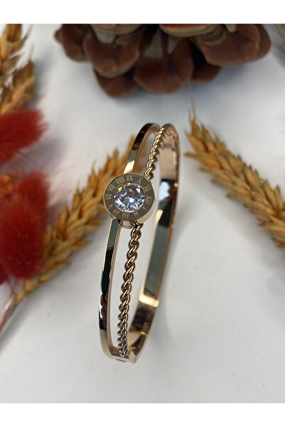 TAKBİ ROMA RAKAMLI TAŞLI BURGULU ROSE GOLD RENK ÇELİK KELEPÇE