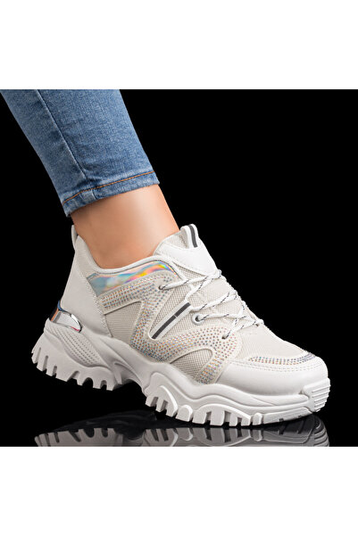 Modlet.ro Sneakerși albi de damă cu platformă și pietre aplicate MOD09259