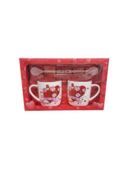 ABS Set 2 căni ceramice cu 2 lingurițe, model inimă, 200 ml