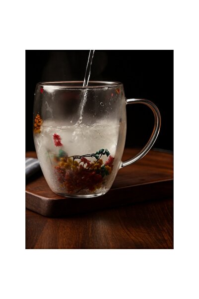 ABS Double-wall borosilicate glass mug with flowers, 80 ml, transparent