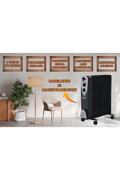 Hausberg Calorifer electric HB-8913NG, 2500 W, 13 elementi, 3 trepte de putere, Termostat, Protectie