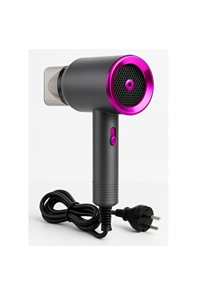 ABS Travel Hair Dryer - Compact Dark Grey with Magenta Ring, Adjustable Temperature