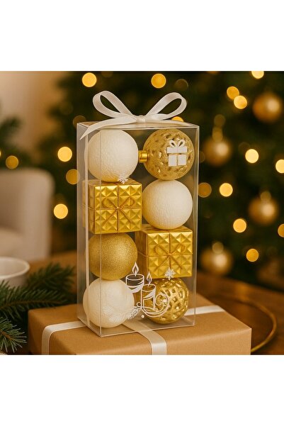 ABS Christmas bauble set, 5 cm, 16 pieces, gold & white, glossy/matte finish with glitter