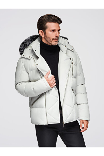 OMBRE Ανδρικό καπιτονέ μπουφάν με με κουκούλα σε ραμονικό κούρεμα - ανοιχτό γκρι V4 OM-JAHP-0252
