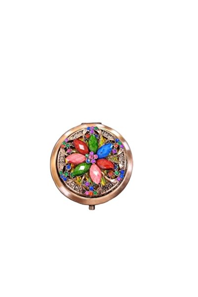 ABS Compact Purse Mirror, Round, with Red and Pink Stones