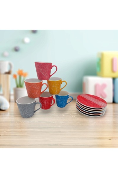 ABS Set 6 cups + 6 saucers ceramic conical model, multicolor
