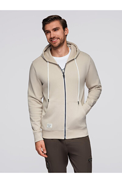 OMBRE Pánská mikina s kapucí BASIC na rozepnutí - světle béžová V1 OM-SSBZ-0178