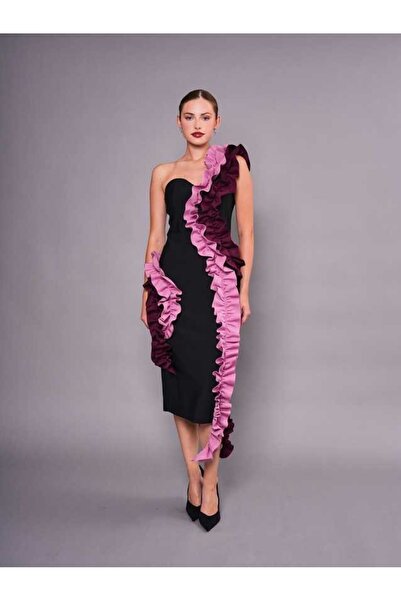 SERPİL Tek Omuz Volan Detaylı Midi Abiye Elbise 51061