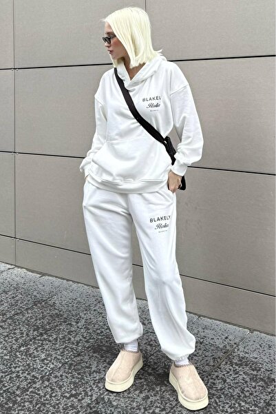 Madmext Жіночий спортивний костюм з білим капюшоном і принтом на спині MG2187