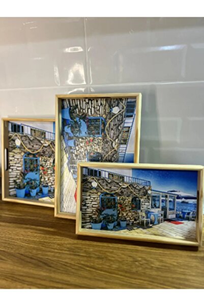 BALCI HEDİYELİK 3 Size Wooden Tray Mixed Tile Patterned Wooden Tray