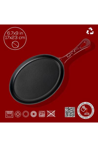 Lava Cast Iron Oval Fajita Plate with Solid Cast Iron Handle, Beech Serving Wood, Size 17X23Cm.-Burgundy
