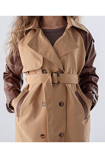 MODA Dokuma Kumaş Deri Garnili Trençkot