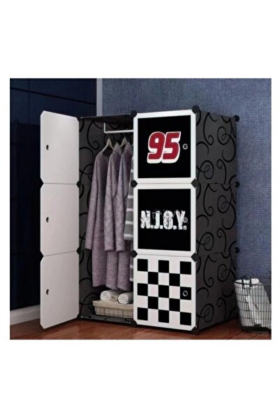 OEM Dulap Modular Copii, 3 compartimente + 1 Umeras, Negru, 111 x 74 x 37 cm + Cadou Surpriza