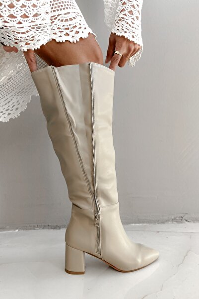 Shoebutik Bauwe Bej Deri Fermuarlı Genişleyebilen Kadın Çzime