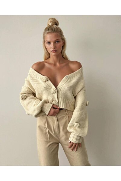 OYERGA MODA Kadın Gül Detay Crop Hırka