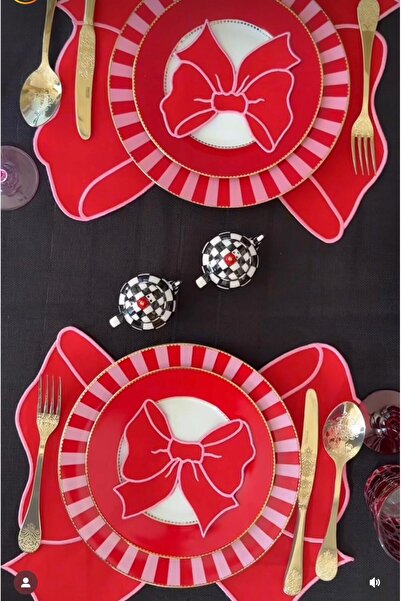 İNCİ ÇEYİZ 4 Pieces First Quality Linen Bow Pattern Embroidered American Serviette and Presentation Napkin