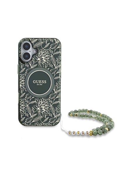 Guess Θήκη για iPhone 16 Plus, IML Flowers Allover Electro με λουράκι Pearl MagSafe, - Πράσινη