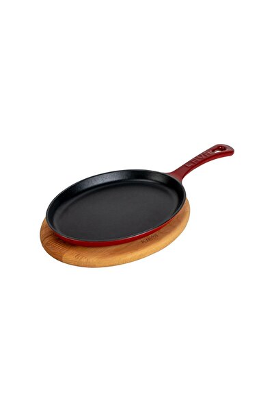 Lava Cast Iron Oval Fajita Plate with Solid Cast Iron Handle, Beech Serving Wood, Size 17X23Cm.-Burgundy