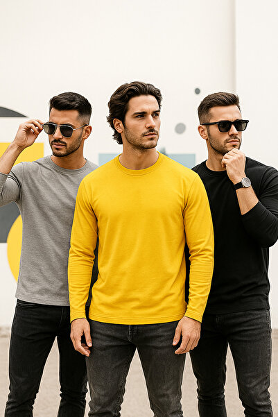 Rich Erkek Sarı-Siyah-Grimelanj 3'lü Paket Basic Uzun Kollu Sporcu Body