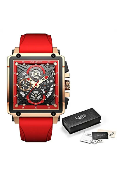 Lige Men's Watch Red Silicone Steel Date Display Quartz Analog