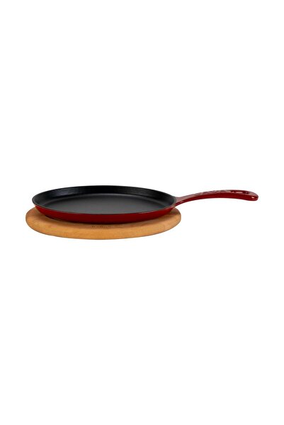 Lava Cast Iron Oval Fajita Plate with Solid Cast Iron Handle, Beech Serving Wood, Size 17X23Cm.-Burgundy