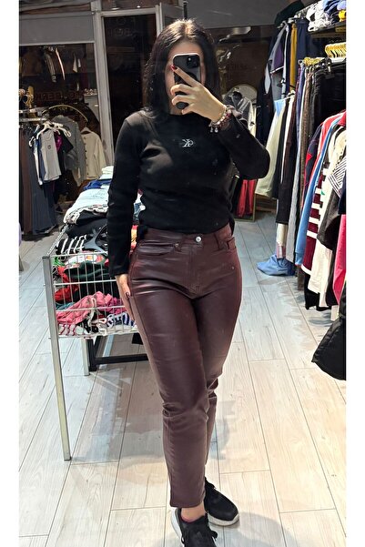 TRENDBUTİK Kot pantolon Deri Görünümlü Bordo Kadın