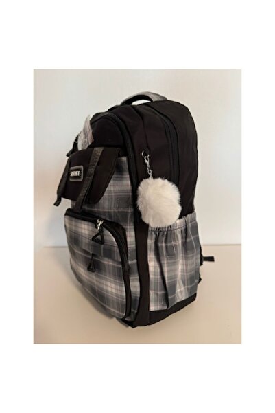Dartonia School Backpack with Checkered Print and Pom-Pom Keychain – 45x32x16...