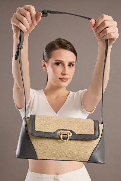 Garbalia Ottava Wicker Pattern Women's Gray Shoulder Bag with Interior Zipper Compartment and Special Buckle Lock