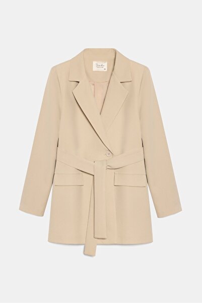 Saade Beige Women's Single Button Woven Double-Breasted Blazer Jacket - Belted