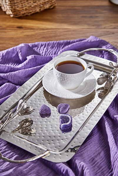 Cornella Tavă decorativă florală argintie mare (lățime: 25 cm x lungime: 43 c...