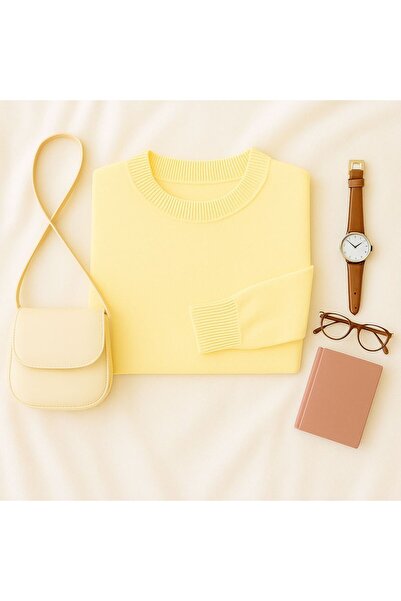 YUGA KNİTTİNG سترة نسائية تريكو أساسية بياقة دائرية ونسيج ناعم بمقاس كبير