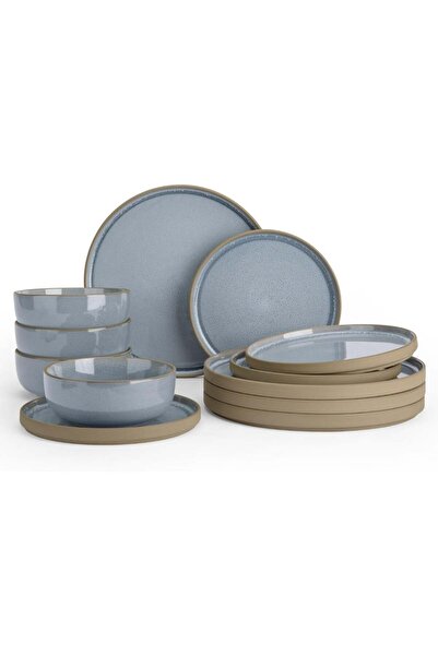 Famiware طقم أدوات مائدة من الفخار الطبيعي، مكون من 12 قطعة، مناسب لأربعة أشخاص، مقاوم للخدش، مناسب للميكروويف وغسالة الأطباق