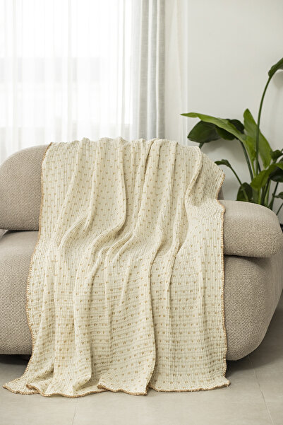 Medaillon Home Krem Bej Müslin TV Battaniyesi / Koltuk Şalı – 130x170 cm, 3 Katlı Noktalı, Çoban Dikişli